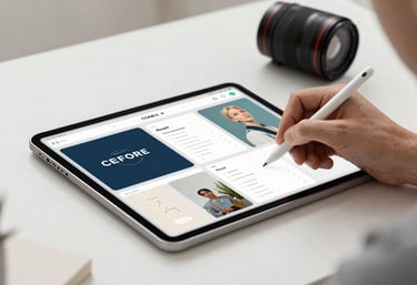 A professional desk setup featuring a modern tablet and stylus, used for high-end UI/UX design, captured in a bright studio with soft natural lighting.