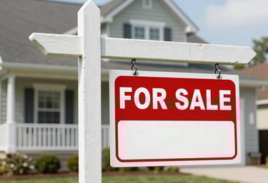 Red for sale sign on a white post in front of a suburban family home.
