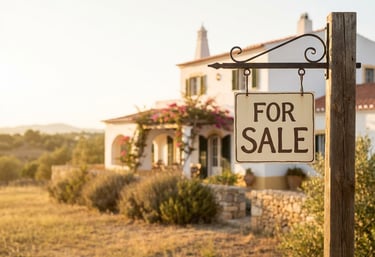 A vintage For Sale sign hangs on a wooden post in front of a luxury Mediterranean villa at sunset.