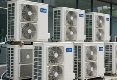 An array of brand new high-performance, energy-efficient outdoor air conditioning compressor units arranged neatly outside an office, showcasing professional installation.
