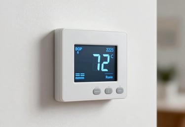 A modern digital thermostat displaying a perfect 72 degrees cool temperature readout, mounted on a clean white residential wall in home comfort scene.