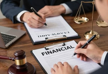 Latino attorney consulting with client in a professional law office setting.