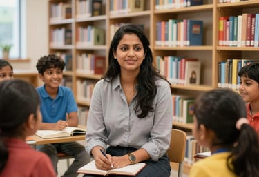 A professional South Asian female educator sitting with a group of smiling children in a modern library. The setting is bright and academic with colorful bookshelves. Vibrant, high-quality photography.