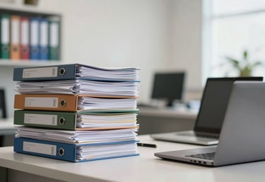 A bright and organized professional office space in Brazil with files and a laptop, symbolizing order and efficient administration.