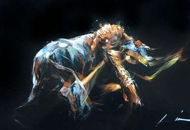 Pintura al óleo sobre cartulina negra que resalta los destellos dorados y blancos de un torero en pleno movimiento.