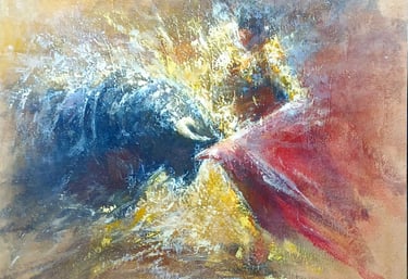 Pintura al óleo de un toro embistiendo la muleta roja con trazos expresivos y texturas en tonos ocres y azules.