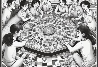 Close-up of hands moving game pieces on a stylish, orderly game board reflecting life and finance themes.