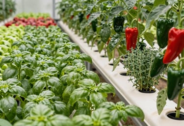 Close-up of fresh herbs and spices growing in a sunlit organic garden, ready for harvest.
