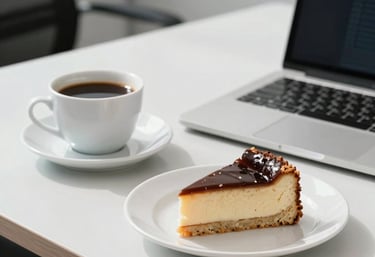 A professional office desk in Brazil featuring a cup of coffee and a gourmet slice of cake on a clean plate next to a laptop. Bright, modern, and inviting composition.