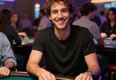 A happy person using a laptop surrounded by shopping bags and discount tags.
