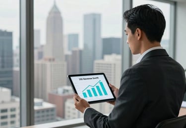 An entrepreneur in a high-rise North American office looking out at a city skyline, holding a tablet showing a 3x revenue growth chart in cyan.