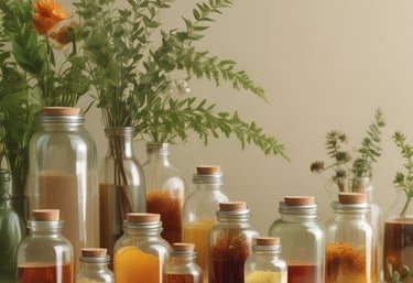 A warm, inviting photo of fresh Mexican herbs and natural products arranged on a rustic wooden table.