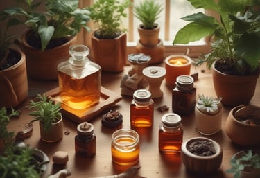 A warm, inviting photo of fresh Mexican herbs and natural products arranged on a rustic wooden table.