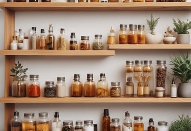 A warm, inviting photo of fresh Mexican herbs and natural products arranged on a rustic wooden table.