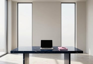 Modern minimalist home office featuring a blue marble desk with a laptop and pink notebook.