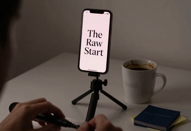 A person recording a podcast using a smartphone on a tripod with a coffee mug and notebook.