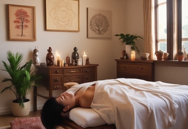 A serene tarot reading setup with colorful cigano cards laid out on a dark wooden table.