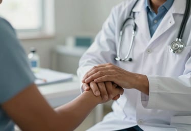 A comforting scene in a Latin American clinic where a doctor holds a patient's hand gently, emphasizing empathy and professional care, soft lighting.