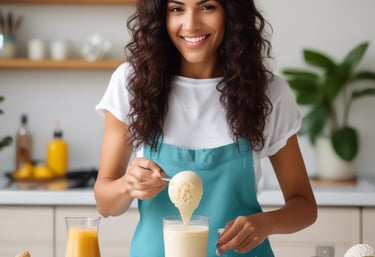 A happy woman enjoying a light, colorful fit dessert in a cozy, softly lit room.