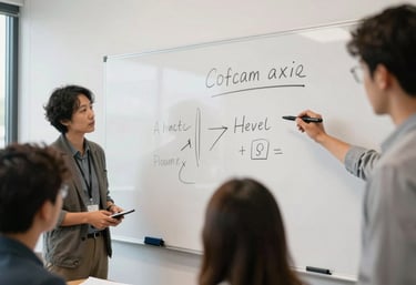 A collaborative brainstorming session in a bright, open-plan North American / US office with a large white board and sharp deep black markers.