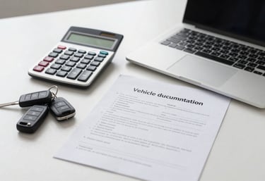 A clean, minimalist desk with a laptop, a calculator, and a set of car keys, representing the professional and efficient side of vehicle documentation.