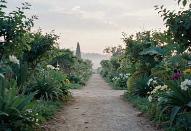 A detail shot of a path leading through a lush, green Southern European / Italian garden toward a bright horizon. The image uses Morning Mist Blue and Alabaster White tones to create a sense of hope, direction, and victorious life.