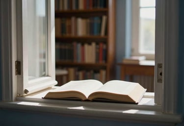 An aesthetic photography piece showing sunlight streaming through an open window into a quiet library in a Southern European / Italian home. The light hits an open book, symbolizing the shift from knowledge to wisdom. Palette: Alabaster White and Slate Blue.