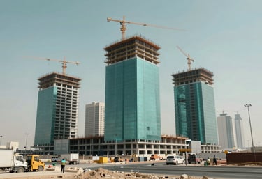 Wide shot of a modern construction site in Abu Dhabi with digital BIM overlays showing the completed building structure in a #244B73 tone.