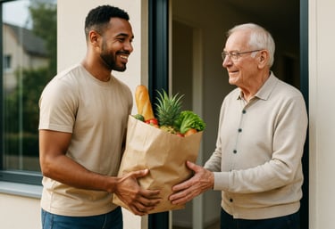 A younger adult helping an older adult with groceries bag