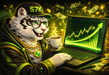 White tiger trader in a hat analyzing a rising green stock market chart on a laptop with flying money.