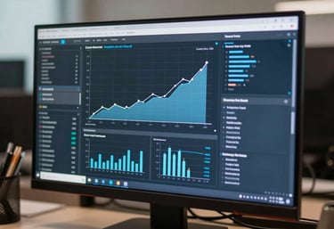 A close-up photograph of a professional monitor displaying intricate data visualizations and marketing growth charts in soft blue and white, set in a sophisticated North American / US agency setting.