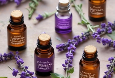 Close-up of a small jar of headache balm surrounded by fresh lavender, peppermint leaves, and beeswax.