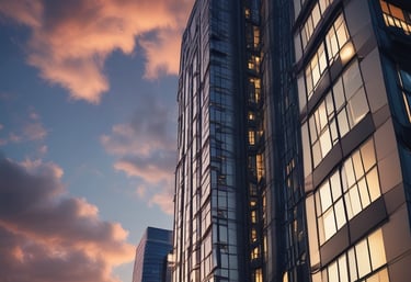 Elegant modern luxury building facade at dusk with subtle golden lighting accents.