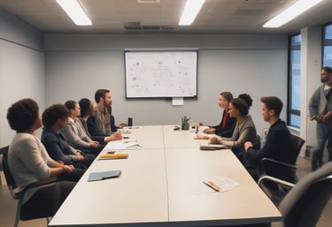A warm meeting between hospital leaders and community members in a small town conference room.
