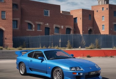 High-definition image of a sleek blue sports car engine with technological accents.