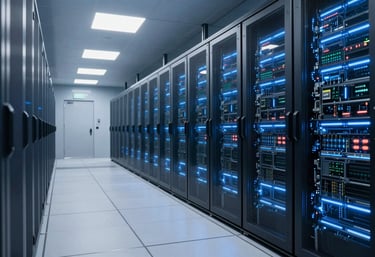 A wide shot of a futuristic data center hallway with cool blue LED lighting and a clean, sterile professional atmosphere.