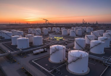 Aerial view of white industrial oil storage tanks at a refinery during a vibrant sunset.