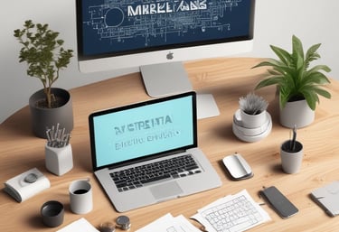 A cheerful virtual assistant icon surrounded by marketing tools and charts.