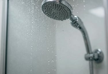 Close-up of a sleek Aquavanta shower aerator installed on a modern faucet with water flowing gently.