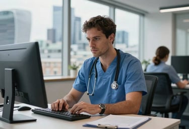 A healthcare administrator working in a bright, modern office in London, UK, with views of the city skyline, professional atmosphere, focused on reliability and efficiency.