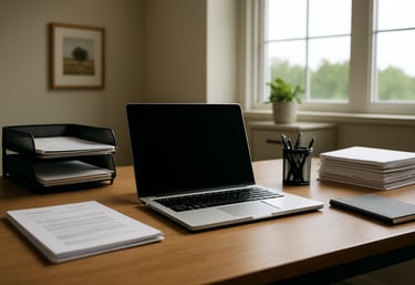 A clean, minimalist Texas office workspace with a laptop and organized paperwork, reflecting efficiency and trust.