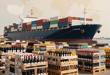 A cargo ship loaded with containers sailing from a US port, symbolizing international beverage logistics.