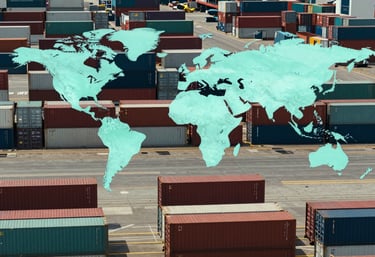 A high-angle photograph of a bustling international port with rows of colorful shipping containers. North American / Global context, bright daylight, emphasizing efficiency and global reach in shades of teal.