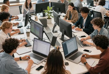 A diverse team of programmers collaborating around a modern workspace with laptops and coffee.