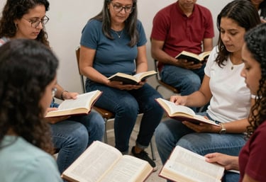 A warm classroom setting with a diverse group of mature Brazilian Christians engaging in an English lesson with devotional materials.