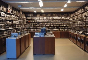 A cozy camera shop interior with shelves displaying various cameras and lenses.
