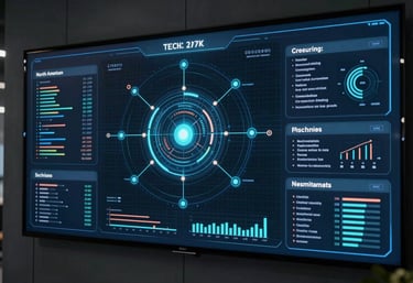 A futuristic digital dashboard displayed on a wall in a North American tech hub, showing network security analytics.