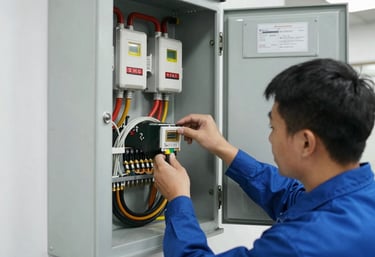 Technician arriving quickly in a service van with tools in a busy Spanish city street.