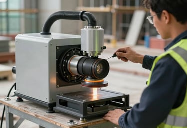 A specialized fiber optic blowing machine in use on a construction site, with a worker in a safety vest monitoring the progress. Professional lighting highlights the high-tech equipment.