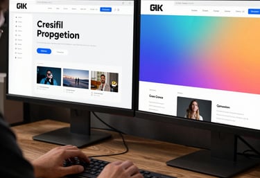 A creative UI/UX designer working at a dual-monitor setup in a North American studio, showing a sleek website interface with modern gradients.
